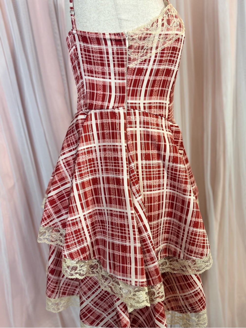 Red Plaid Lace Tiered Cottagecore Coquette Mini Dress Size M - Picture 12 of 16